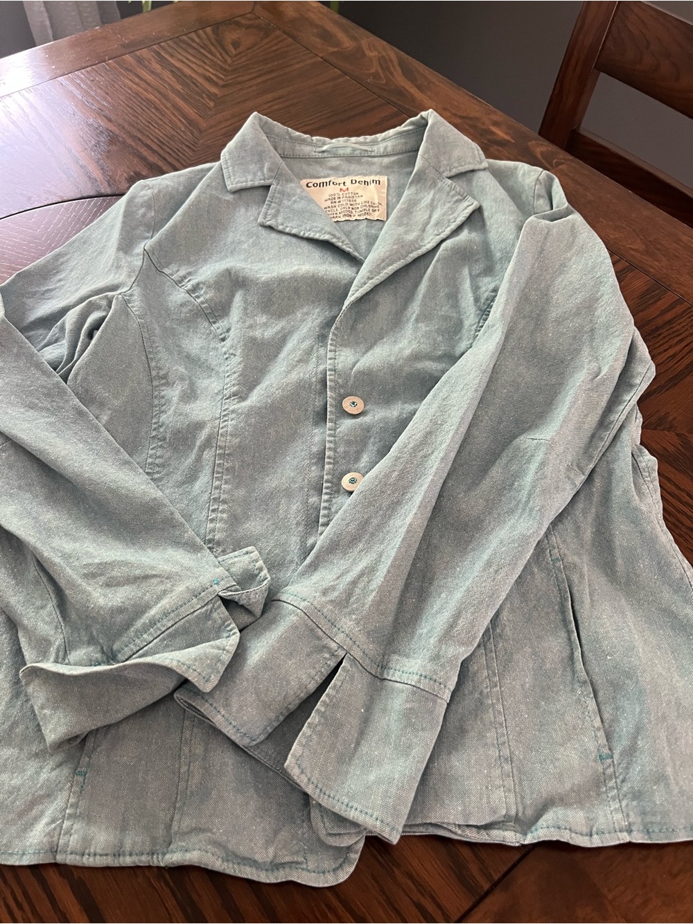 Comfort Denim Blue Solid Collared Long Sleeve Button Front Blouse Women’s M #597